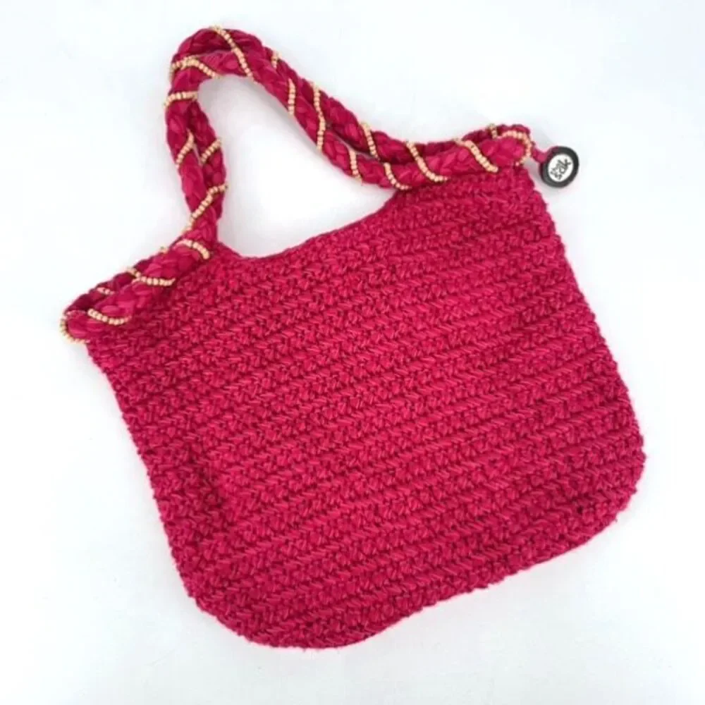 The Sak Women's Beaded Wrapped Handle knit Crochet Hobo Shoulder‎ Bag Pink Small